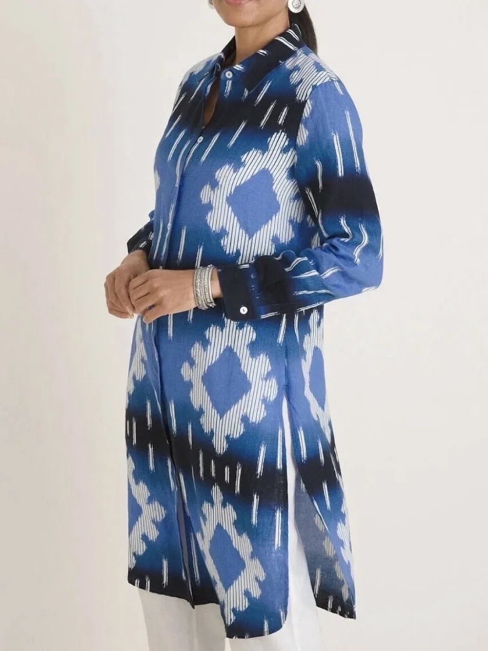 Chico’s 100% Linen Ikat Print Blue Midi Shirtdress size S Small 4 - 6